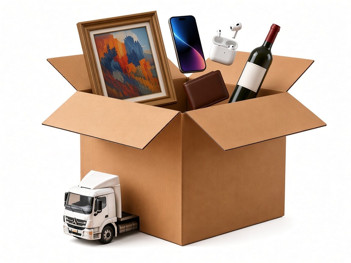 Envío 3D: camión y caja con electrónica, arte y vinos